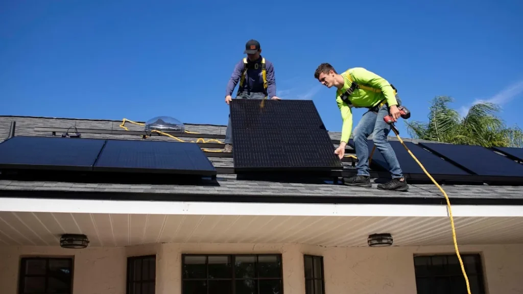 lavar placa solar — Técnico realizando a limpeza e a lavagem de placa solar em telhado residencial